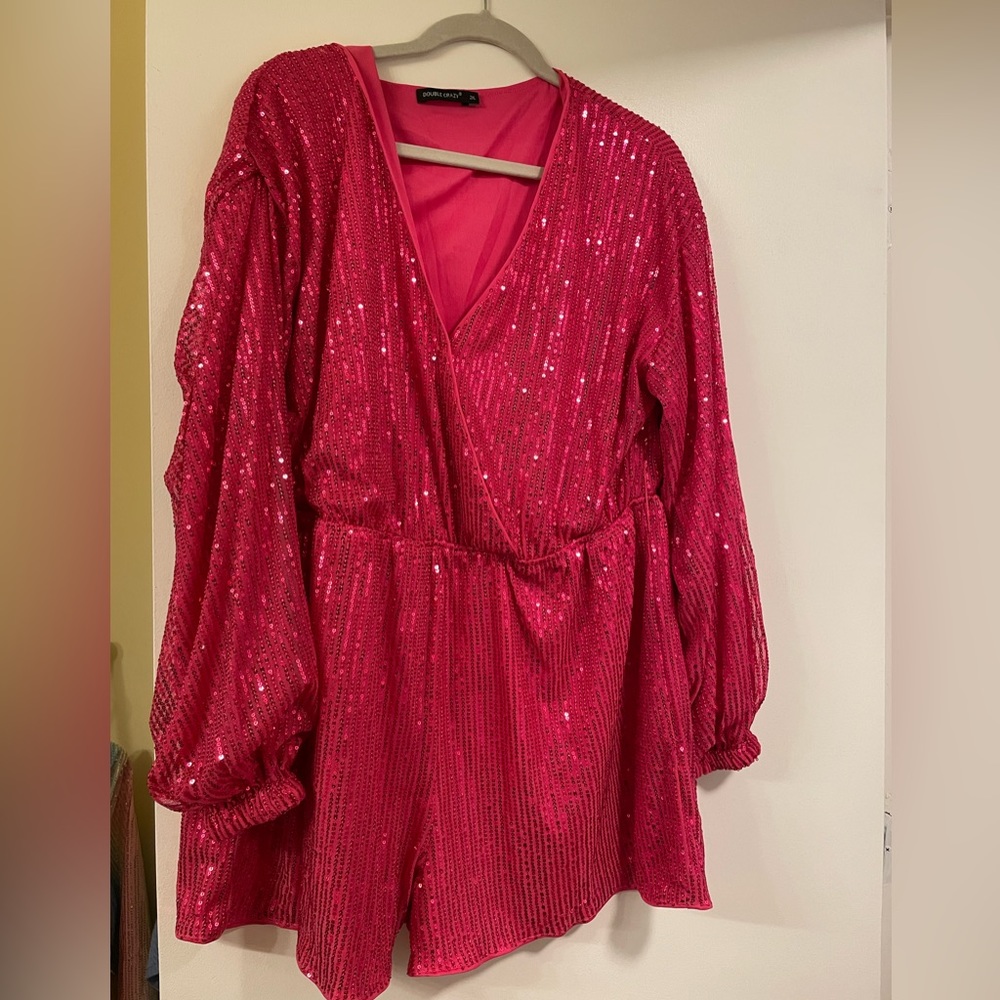 Long sleeve hot pink sequin romper